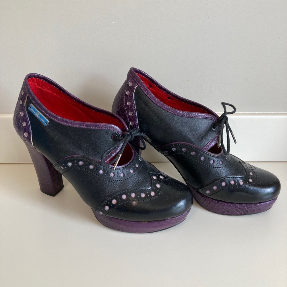 Black and Purple Lace-Up Heeled Oxfords - Women